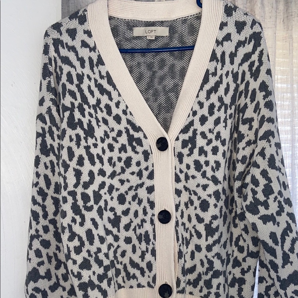 LOFT Cream and Gray Leopard Print Cardigan